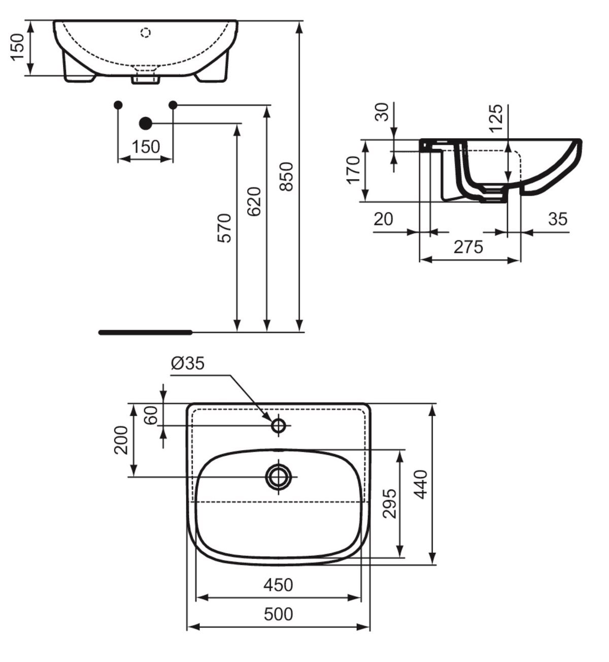 Ideal Standard i.Life A Polozápustné umývadlo 50 cm s otvorom, biele T451701 - galéria #1