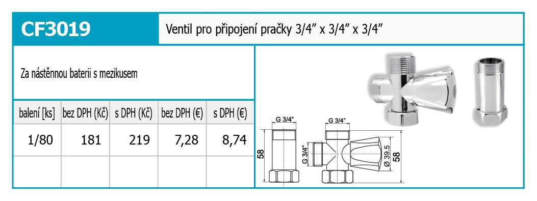 Novaservis Ventil práčky s dištančnou vložkou 3/4 "x3/4 "x3/4" CF3019 - galéria #1