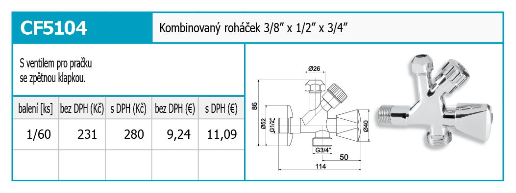 Novaservis Kombinovaný klaksón s ventilom pre práčku 1/2 "x3/8 "x3/4" CF5104 - galéria #1