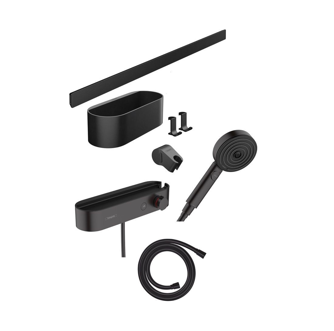 Hansgrohe Wallstoris Sada ručnej sprchy, termostatu, tyče, úložnej súpravy, čierna matná 24250670