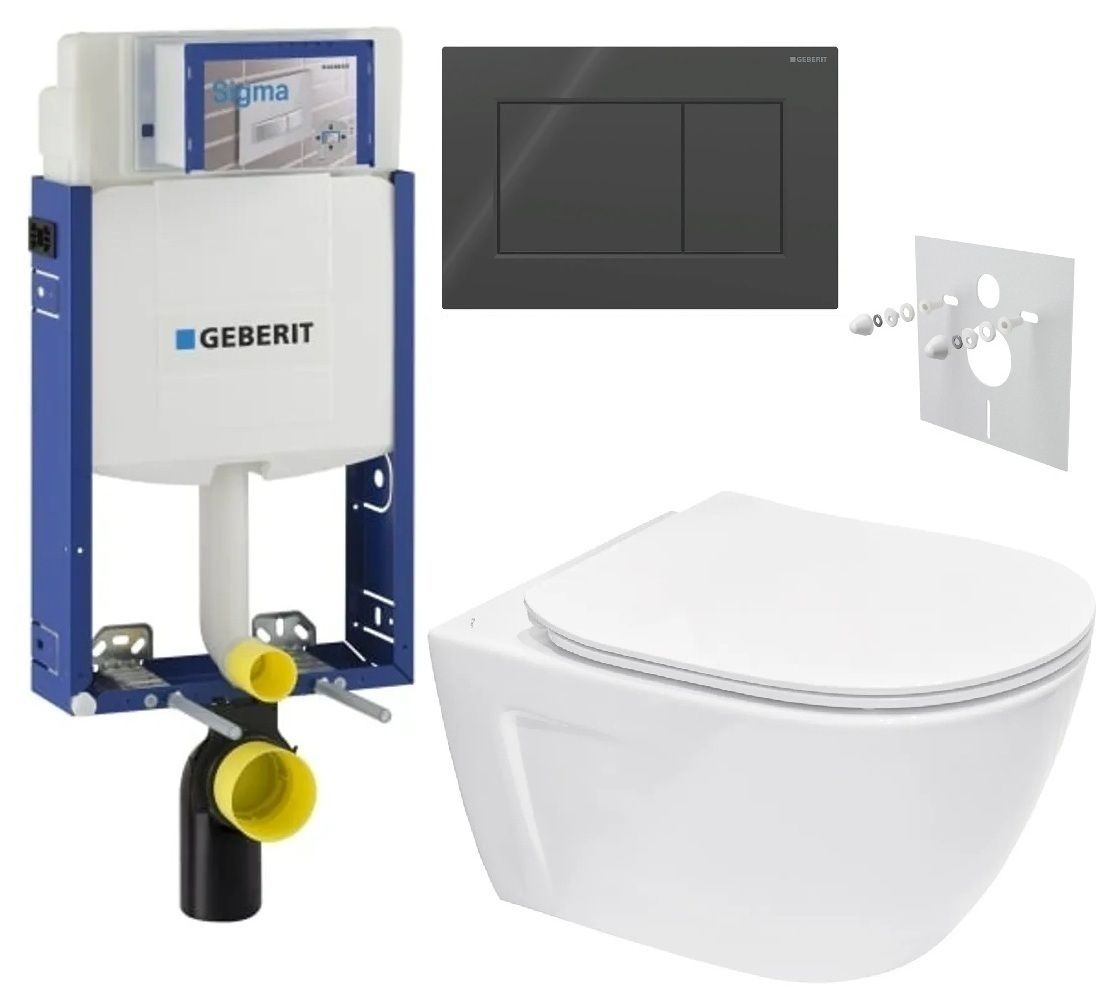 Geberit Set modulu na zamurovanie, tlačidlá a závesne WC Diana New s WC doskou, čierna lesklá KBE063