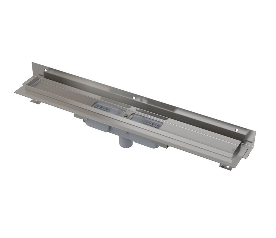 Alcadrain Flexibilný nízky podlahový žľab 65 cm s okrajom pre perforovanú mriežku, montáž na stenu, vertikálny odtok APZ1104-650