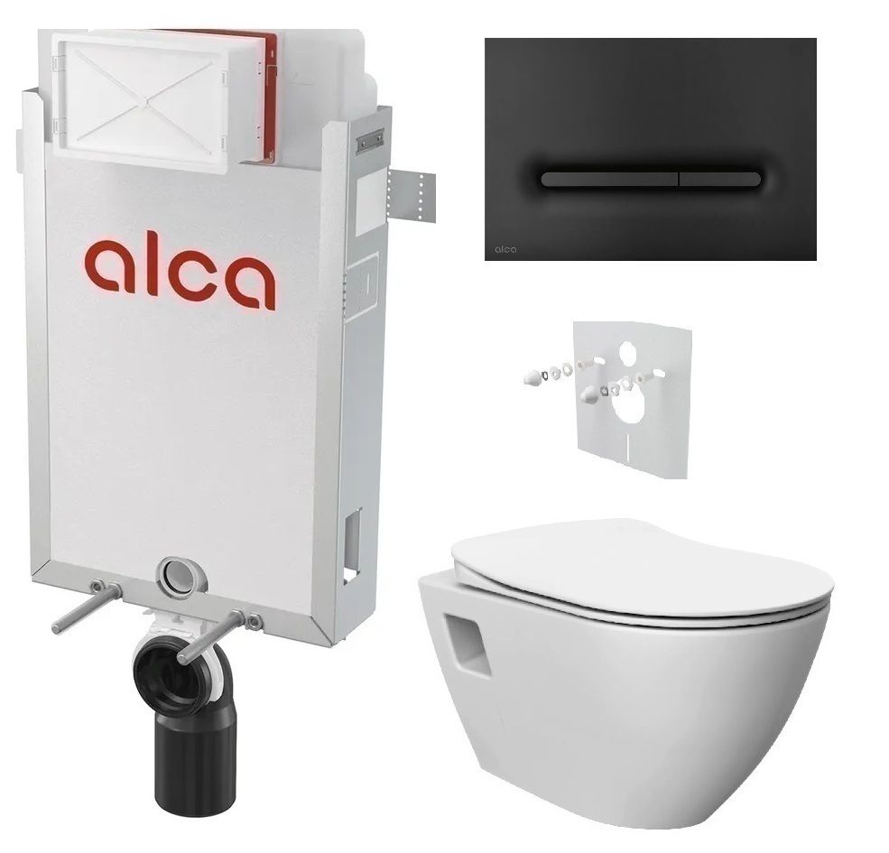 Alcadrain Set modul na stenu, WC Urban Rimless, sedadlo s tlačidlom, čierna matná M1878 KAE036
