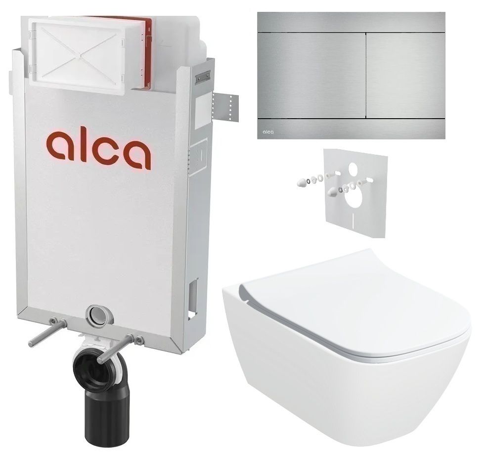 Sada Alcadrain pre montáž na stenu, toaleta Smyle Sq., sedadlo s nerezovým tlačidlom FUN-INOX KAE156