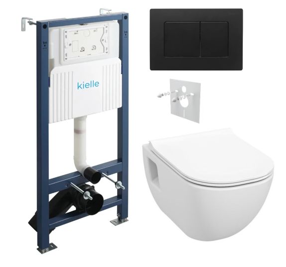 kielle Set modulu do sadrokartónu, WC Diana New a splachovacie tlačidlo, čierna matná