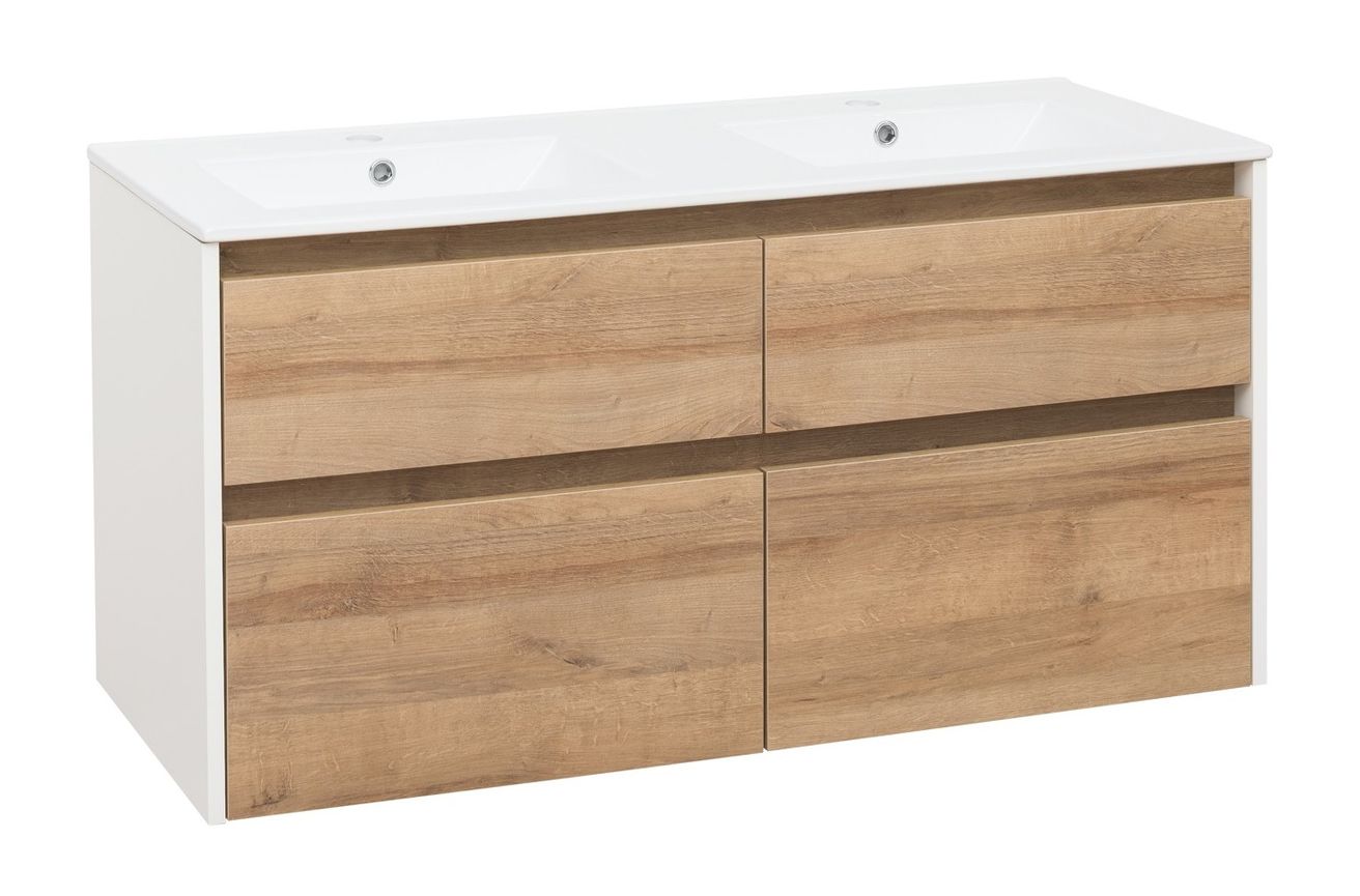EBS Duomo Skrinka a keramické umývadlo Slim 121 cm, biela lesklá/dub Riviera
