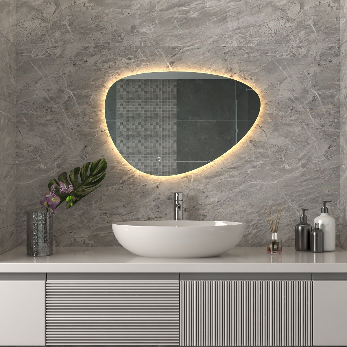 EBS Pluto Asymetrické zrcadlo 80x55 cm s LED podsvícením na dotykové tlačítko PLUTOZ8055