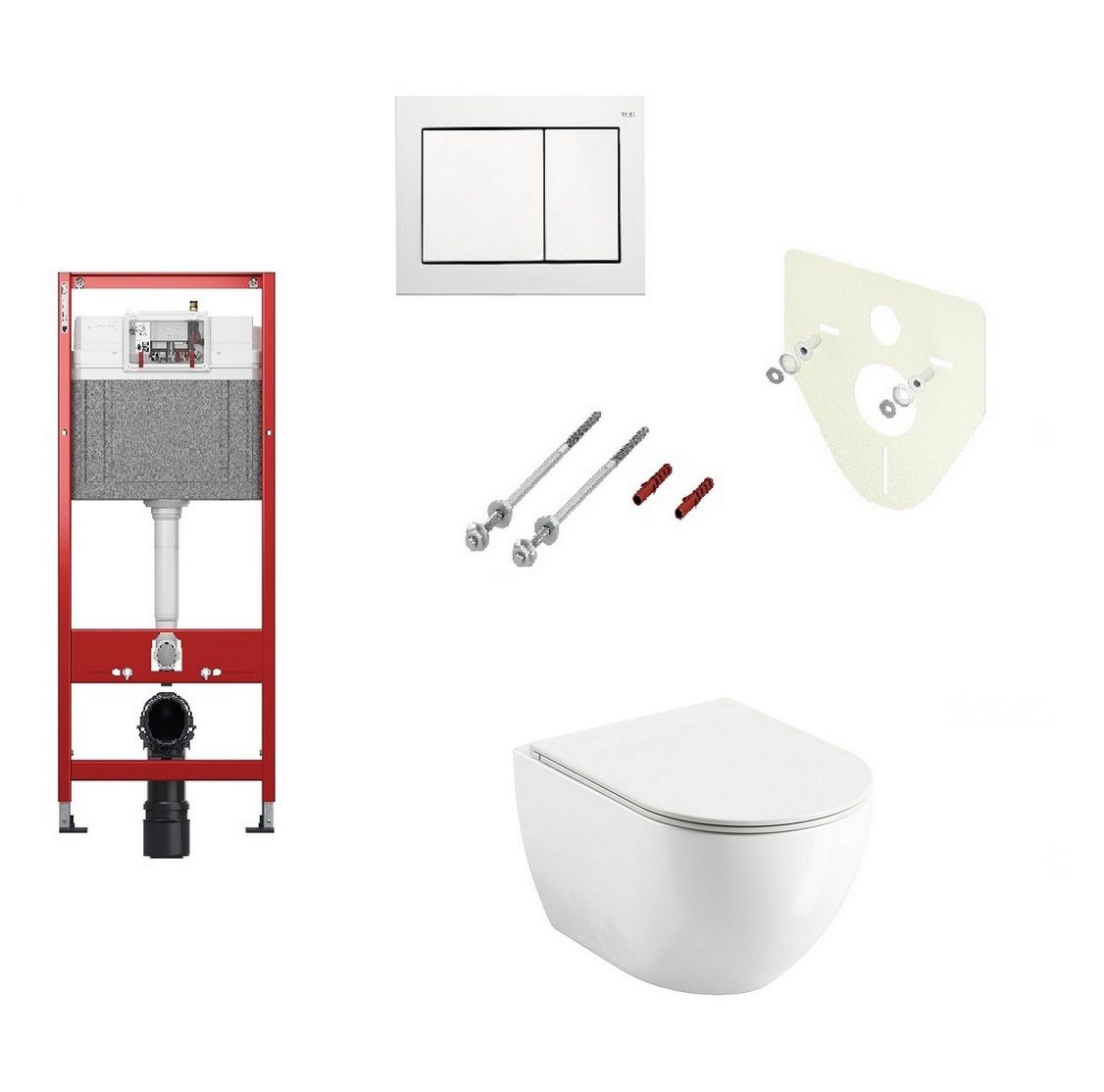 Tece Sada modulu pre sadrokartónové dosky, toaleta EBS Urban City Rimless, sedadlo a biele tlačidlo
