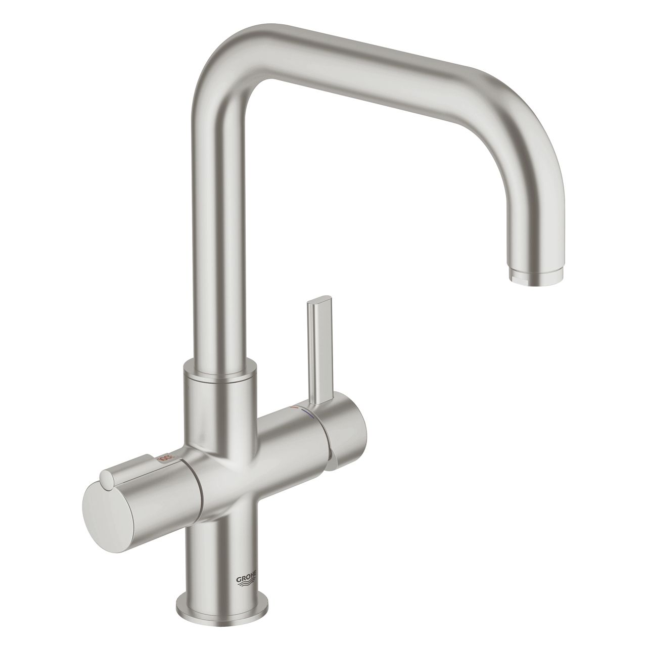 Červená páková umývadlová batéria GROHE Duo, DN 15, Supersteel 30097DC0
