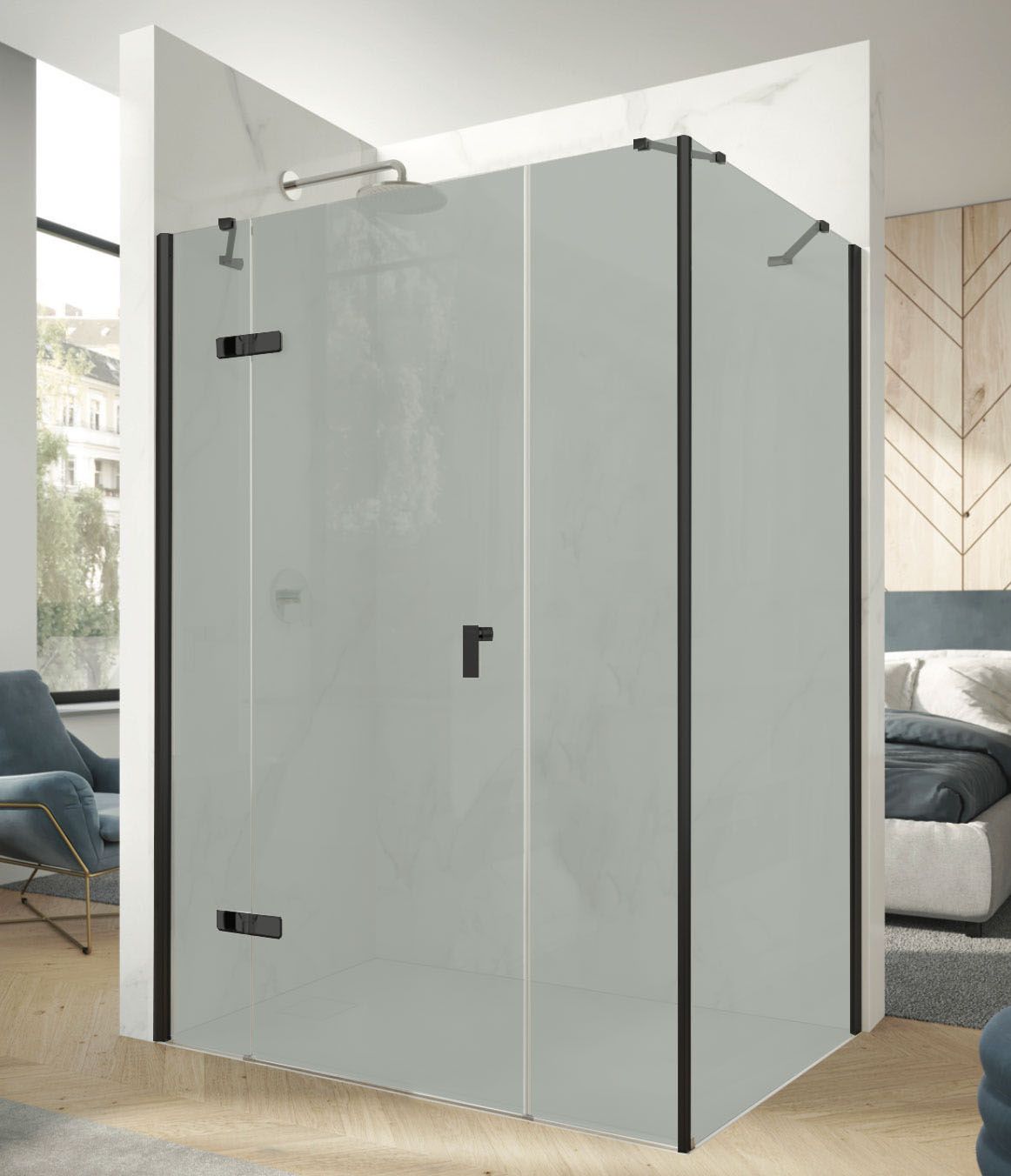 Hüppe Astra Ľavé krídlové dvere, 140 cm, čierny profil/sklo Sand Plus PX0303.123.316