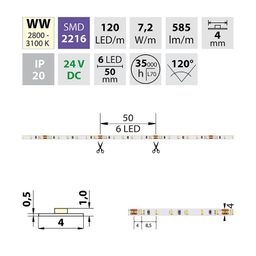 McLED ML-126.730.60.0 LED pásek SMD2216 WW, 120LED/m, 7,2W/m, DC 24V, 585lm/m, CRI90, IP20, 4mm, délka 5m - galéria #1