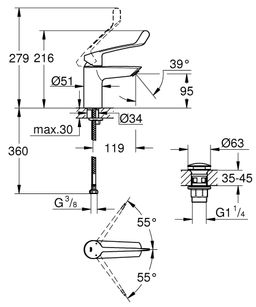 Grohe Profi Eurosmart Umývadlová batéria s lekárskou pákou a výtokom Click-Clack, chróm 23982003 - galéria #4