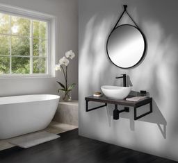 Aqualine Stago Okrúhle zrkadlo 60 cm, kožený remienok, čierny matný SG065 - galéria #1