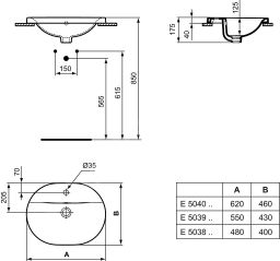 Ideal Standard Connect Umývadlo zapustené oválne 62 cm, 1 otvor pre batériu E504001 - galéria #1