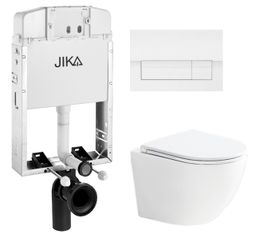 Jika Set Nástenný modul s bielym tlačidlom a závesné WC Rimless so záchodovou doskou