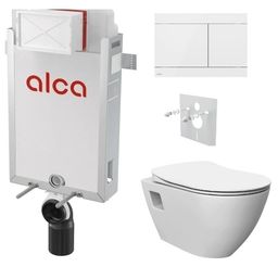 Alcadrain Set modul na stenu, WC Urban Rimless, doska s tlačidlom nerezová oceľ/biela FUN-WHITE KAE024