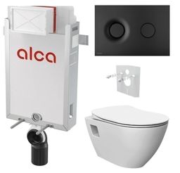 Alcadrain Set modul na stenu, WC Urban Rimless, sedadlo s tlačidlom, čierna matná M1978 KAE038