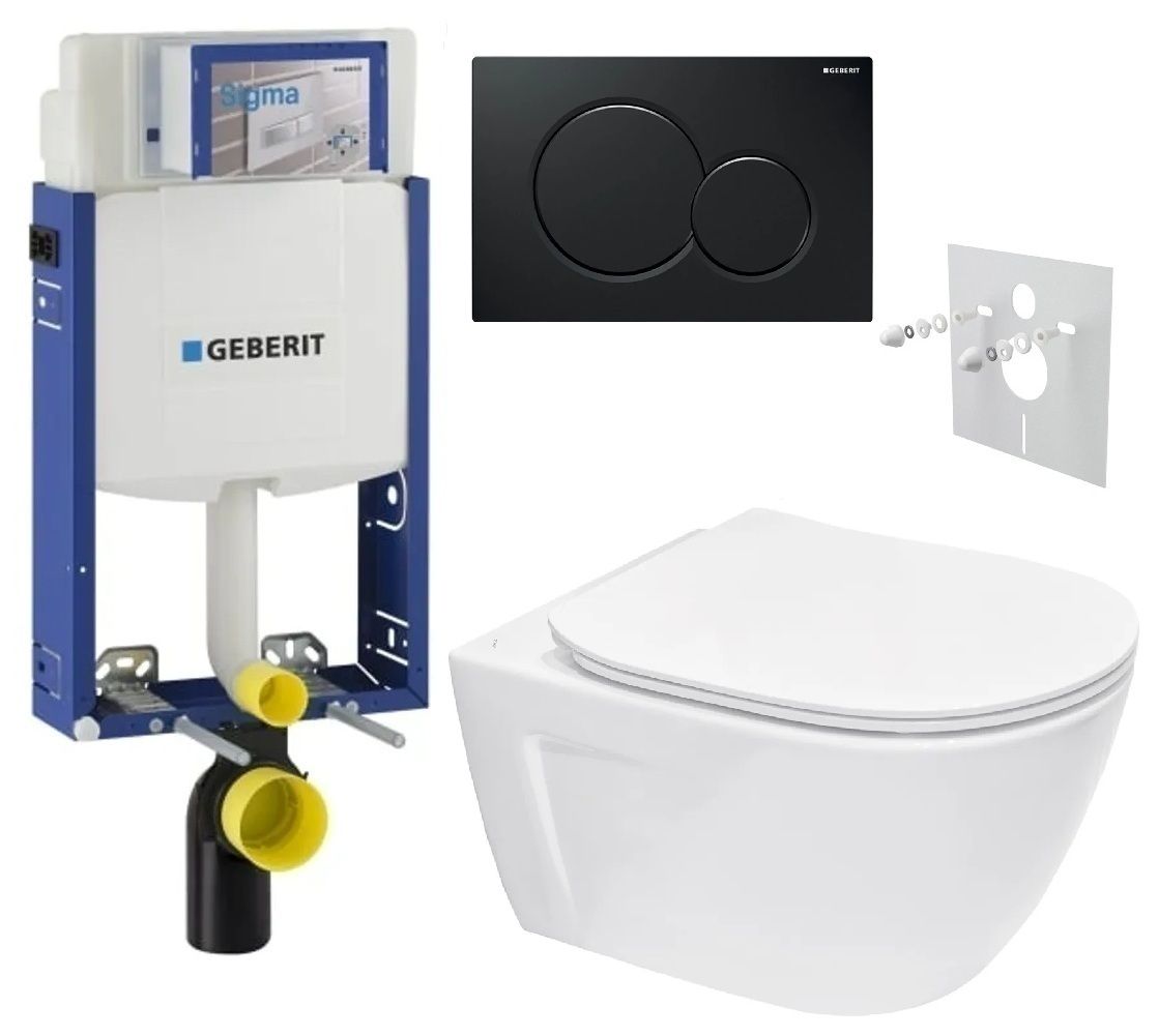 Geberit Set modulu na zamurovanie, tlačidlá a závesne WC Diana New s WC doskou, čierna lesklá KBE057
