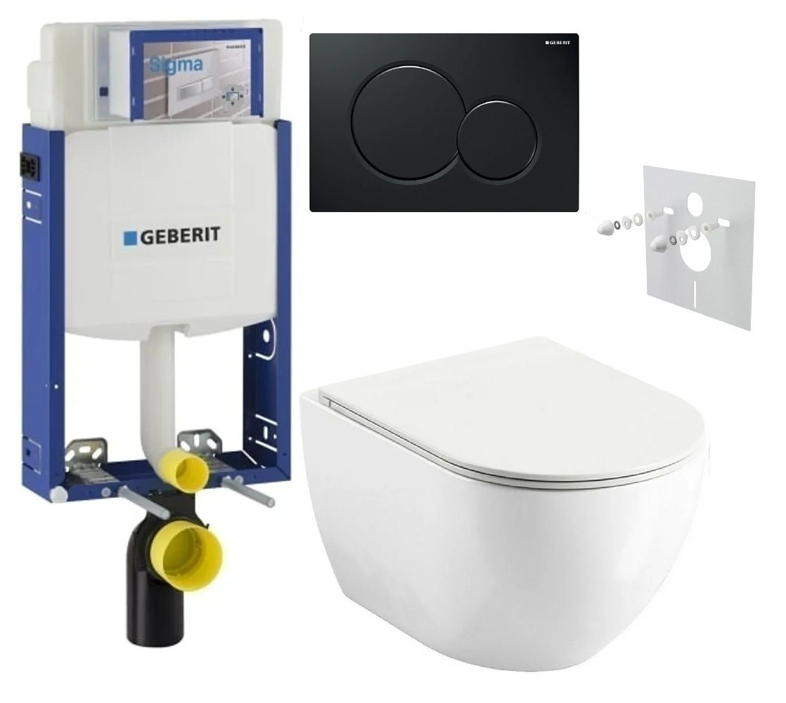 Geberit Set modulu na zamurovanie, tlačidlá a závesne WC Urban City s WC doskou, čierna lesklá KBE075