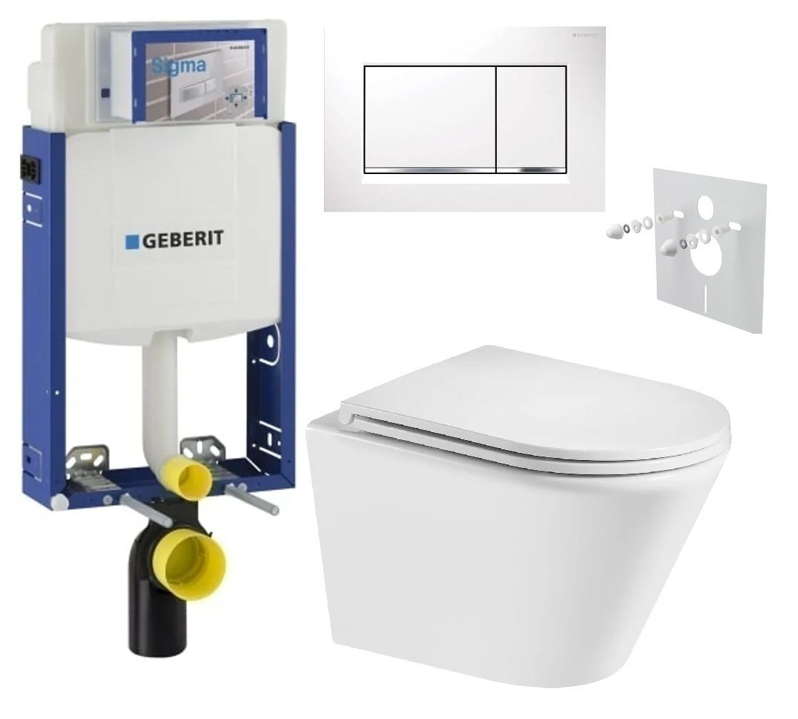 Geberit Set modulu na zamurovanie, tlačidlá a závesne WC Spinex s WC doskou, biela/chróm KBE096