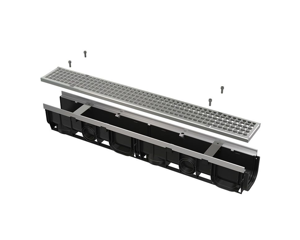 Alcadrain Vonkajší žľab 100 mm s kovovým rámom a pozinkovanou mriežkou C250 AVZ103-R104