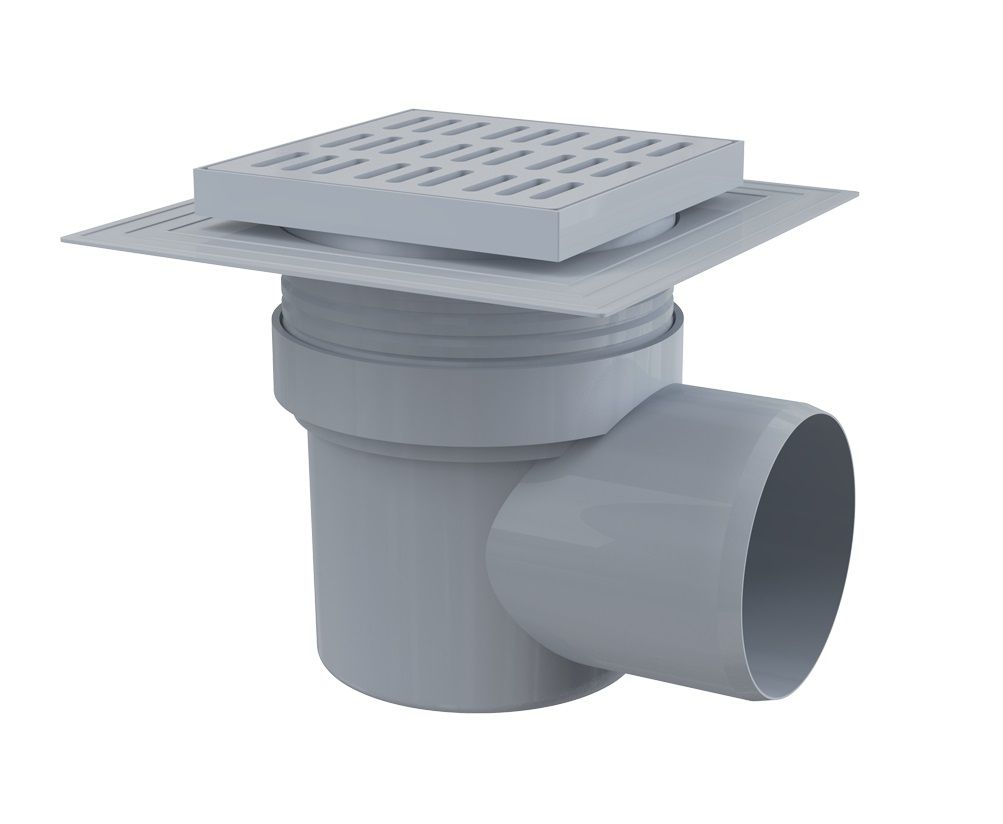 Alcadrain Podlahový prívod 150 × 150/110 mm strana, sivá mriežka APV10
