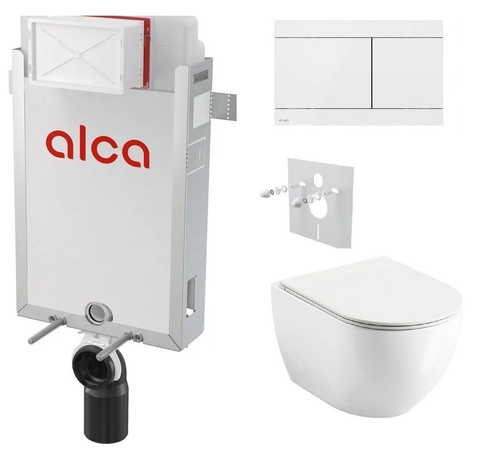 Alcadrain Set modul na stenu, WC Urban City, sedadlo s tlačidlom nerezová oceľ/biela FUN-WHITE KAE005