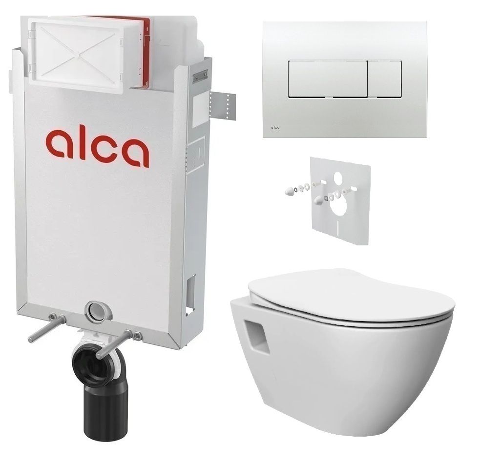 Alcadrain Set modul na stenu, WC Urban Rimless, doska s tlačidlom chróm lesk M371 KAE022