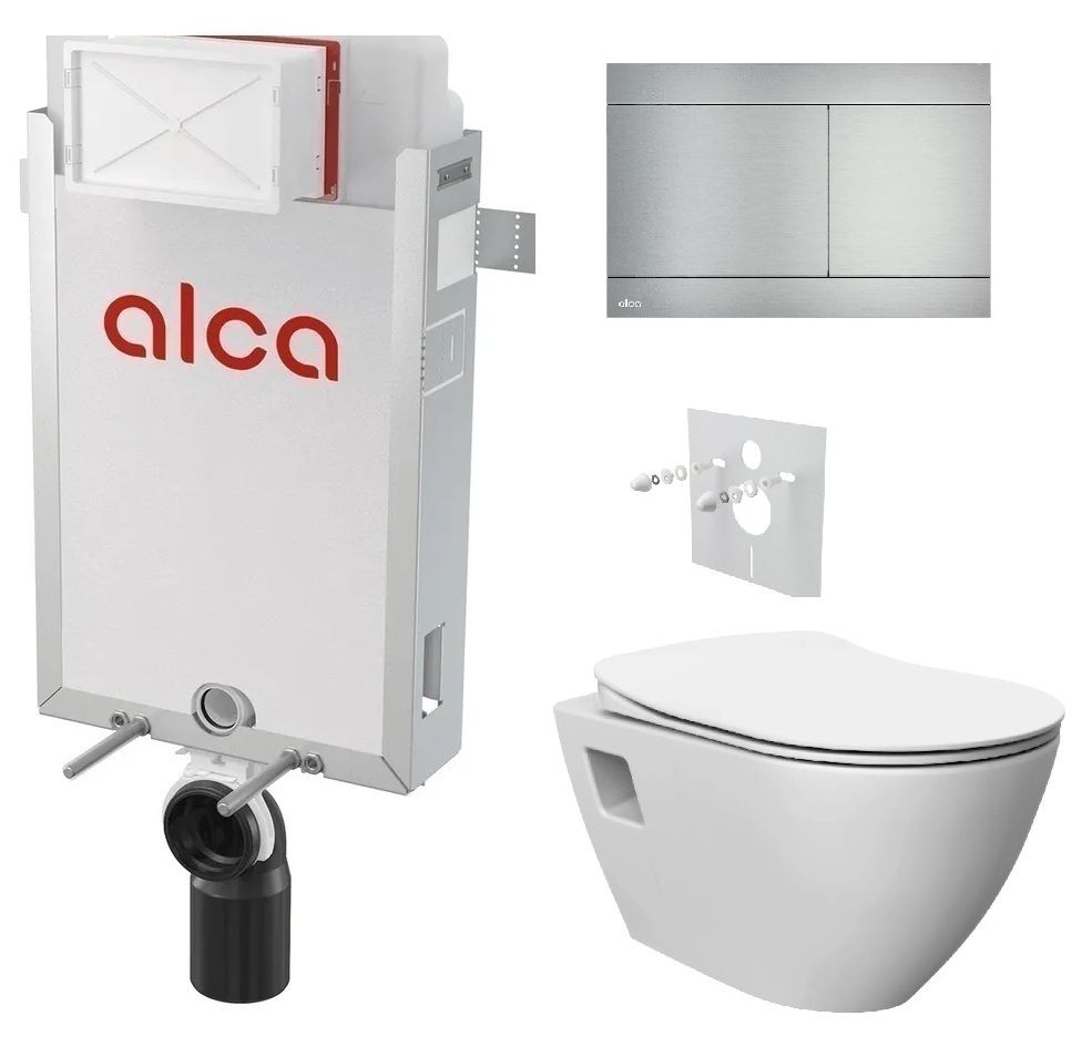 Alcadrain Set modul na stenu, WC Urban Rimless, doska s tlačidlom z nerezovej ocele FUN-INOX KAE023