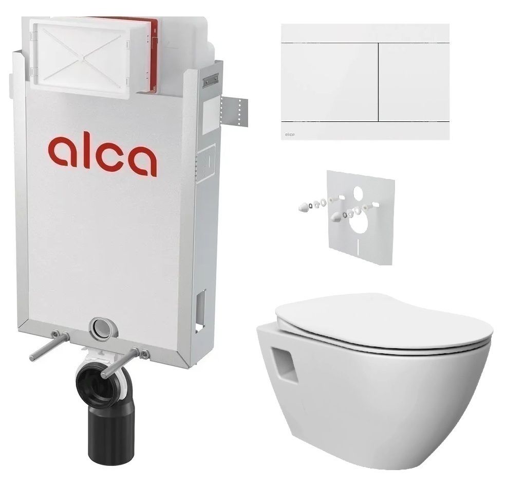 Alcadrain Set modul na stenu, WC Urban Rimless, doska s tlačidlom nerezová oceľ/biela FUN-WHITE KAE024