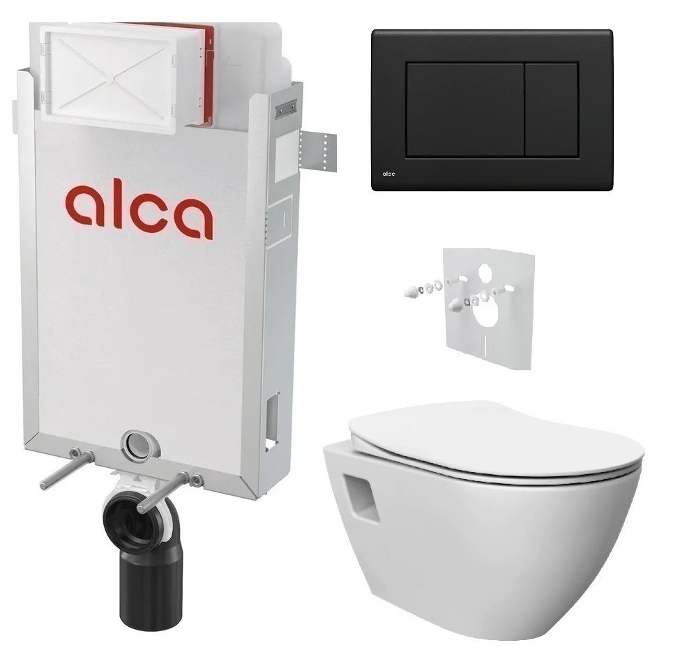 Alcadrain Set modul na stenu, WC Urban Rimless, sedadlo s tlačidlom, čierna matná M278 KAE029