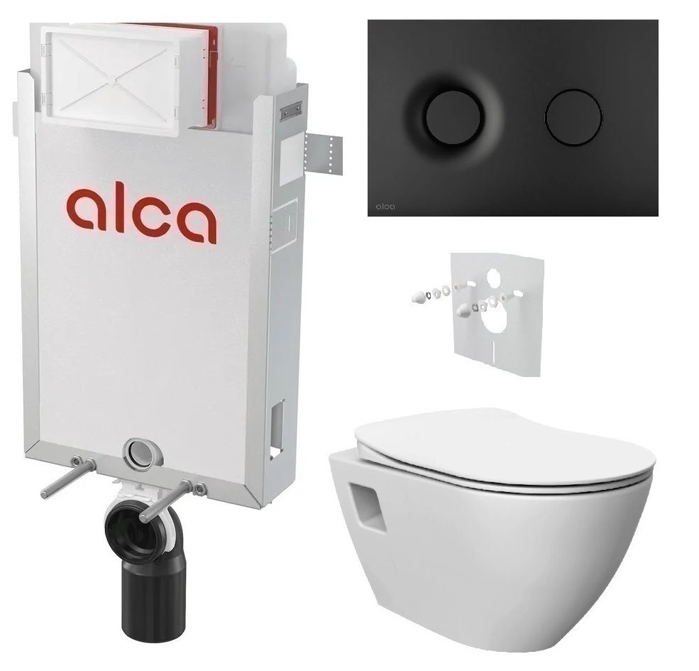 Alcadrain Set modul na stenu, WC Urban Rimless, sedadlo s tlačidlom, čierna matná M1978 KAE038