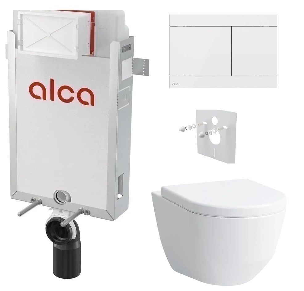 Alcadrain Set modul na stenu, WC Pro, sedadlo s tlačidlom, nerez/biela FUN-WHITE KAE062