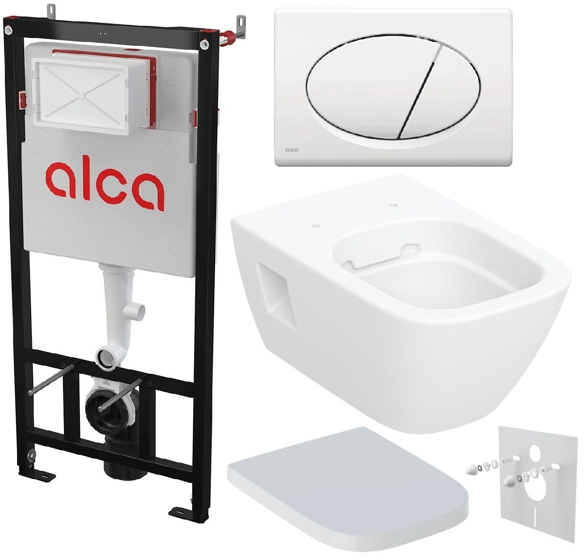 Alcadrain Set modulu do sadrokartónu, Geberit WC Selnova Square, doska a tlačidlo M70, biela