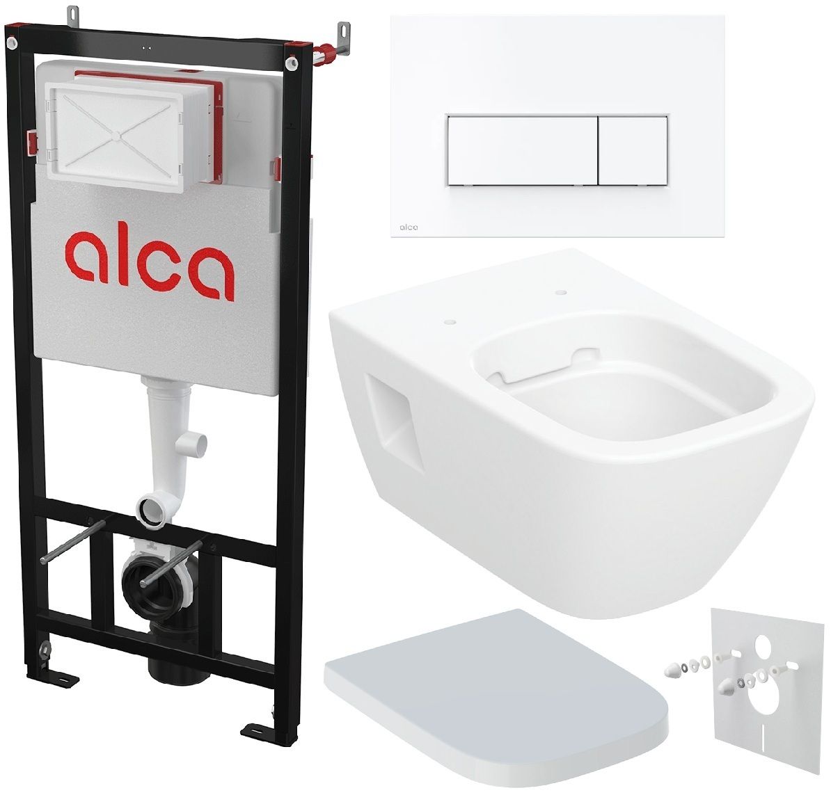 Alcadrain Set modulu do sadrokartónu, Geberit WC Selnova Square, doska a tlačidlo M570, biela lesklá