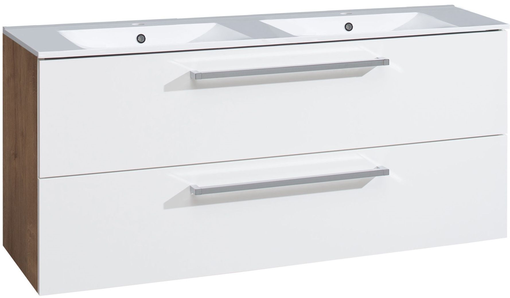 EBS Pure Skrinka s keramickým dvojitým umývadlom slim 121 cm, dub Ribbeck/biela