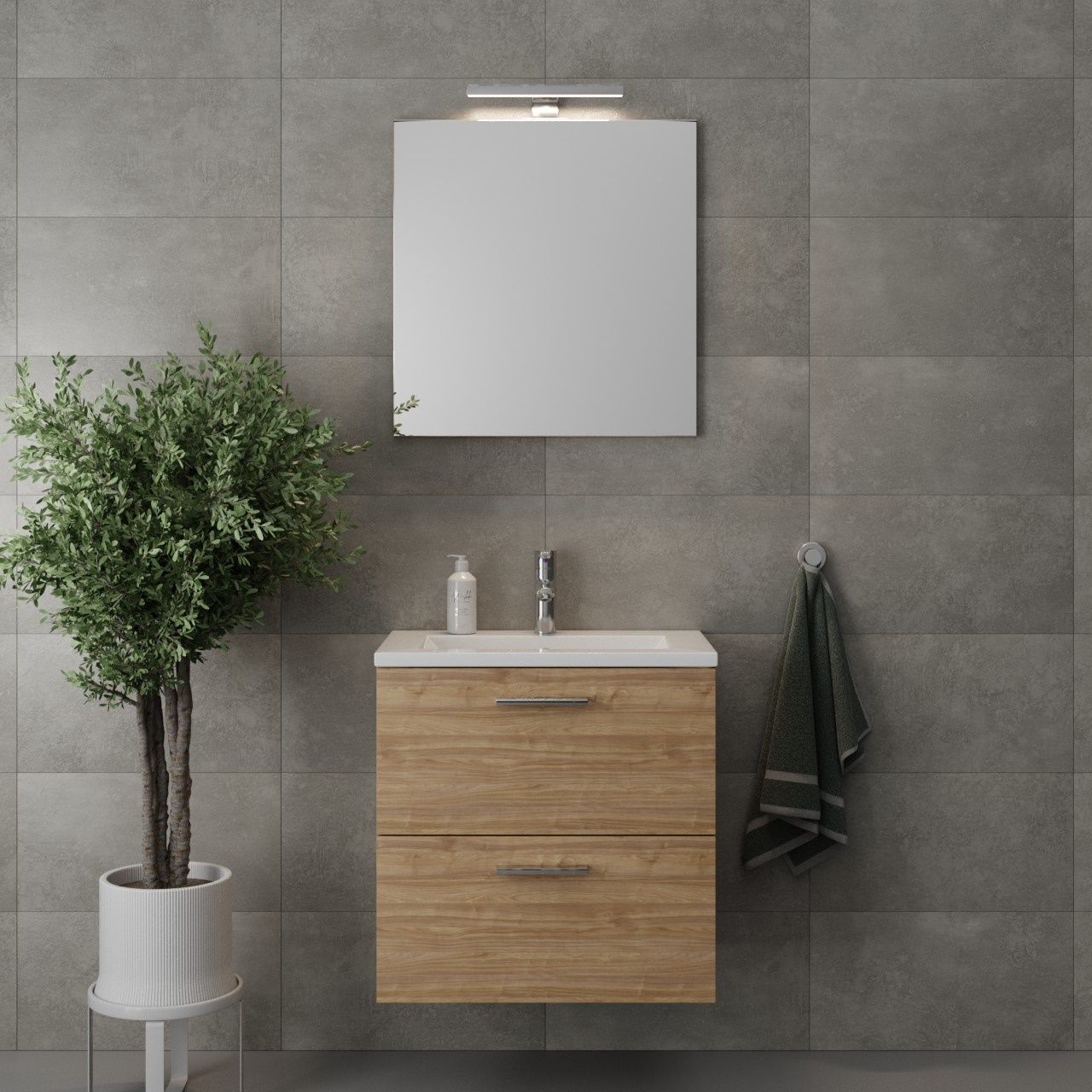 EBS Tami Skrinka s umývadlom 60 cm, zrkadlom a svetlom, svetlý orech select