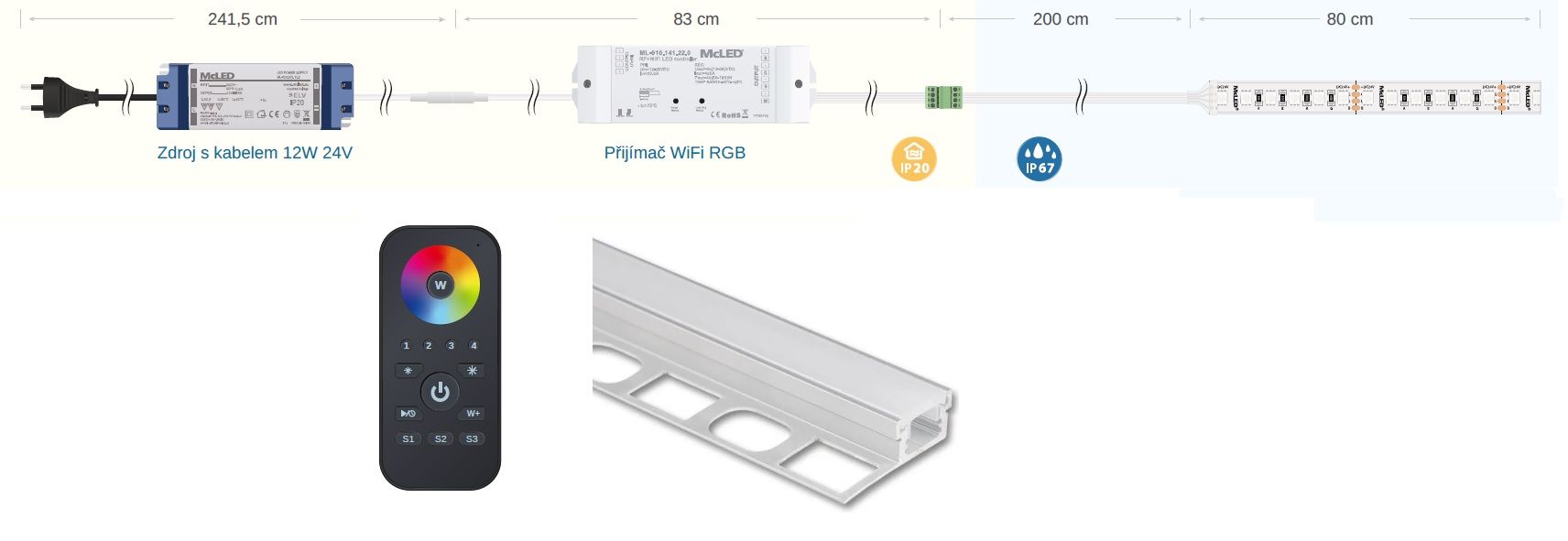 McLED LPK80RGBWIFI Súprava osvetlenia do niky - profil, RGB LED, prijímač WIFI, napájanie, dĺžka 80 cm