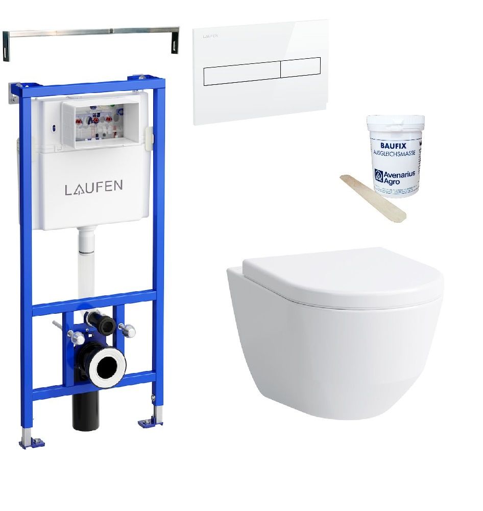 Laufen Súprava základného modulu, tlačidla a WC bez ráfika so sedadlom SoftClose, biela