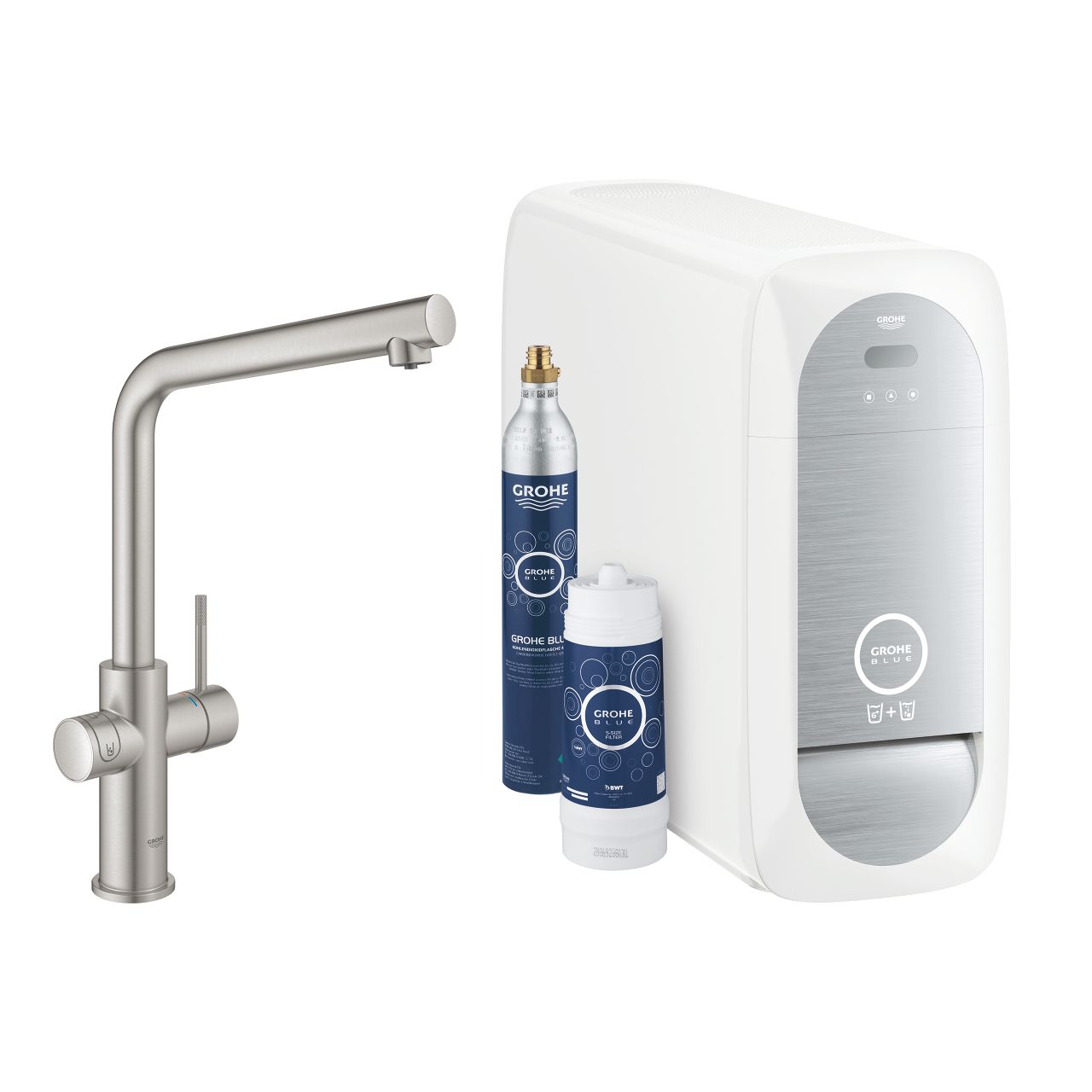 Domáca štartovacia súprava Grohe Blue s výtokom v tvare L, Supersteel 31454DC1