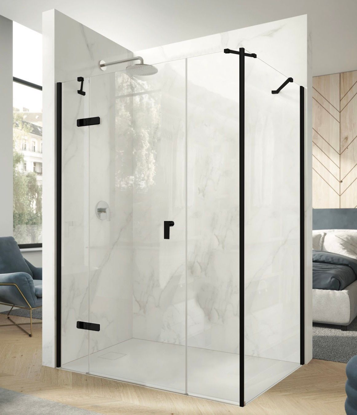 Hüppe Astra Ľavé krídlové dvere, 140 cm, čierny profil/čierne sklo PX0303.123.322